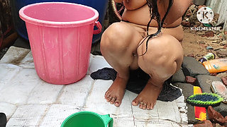 Indian House Wife Bathing Outside with