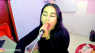 Brunette Sucks Big Pink Dildo Machine
