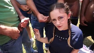 Bukkake Orgy: 44-Year-Old Wife in Pigtails Slurps 25 Cocks as