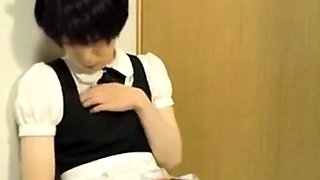 Cute Japanese Crossdresser Jacks Off in Maid Outfit