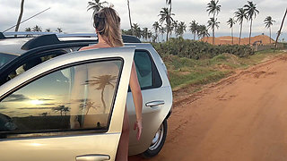 Naked Busty Blonde Walks by Car on Public Road