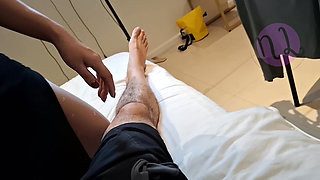 Turbo Handjob in white nylon Pantyhose and massive Cumshot