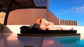 Hot curvy redhead got fucked by the pool in a white fishnet