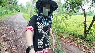 Thai Girl Walking Showing Along the Side of the Field Road in the Countryside Thai Outdoor Public
