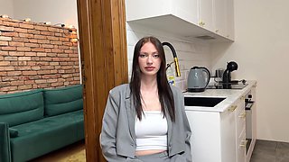 new Russian skinny brunette employee fucks with her boss at her fist day at work