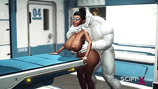 A sexy young busty ebony has hard anal sex with sex robot in the medbay - Creampie