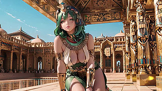 Green-Haired Egyptian Queen! Kneeling in the Golden Hall, guarded by Sphinxes.