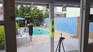 Kitchen Slut Wife Fucks Husband's Friends While He Cleans Pool - Amateur Latina MILF Kelabate & Sheikdefloripa