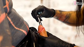 Trio rough spandex princesses destroy tattooed slave with deep sounding & urethral masturbating