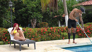 Muscular Pisinero with Huge Cock Fucks Me in the Outdoor Pool