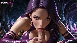 Purple-haired Psilocke gags hard while big tits squeeze and cum explodes