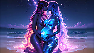 Lustrender: East African Pregnant Beach Nose Kiss Jellyfish Glow - Ai Video