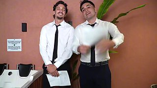 Pussy threesome during interview with a stunning redhead Latina MILF
