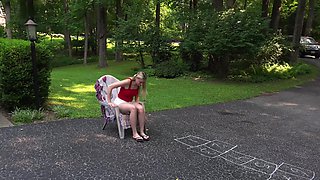 Sexy blonde girl loves to rub her pussy out in public like that