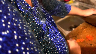 MILF Hot Aunty in Kitchen, She Was Horny When Cocking, I See Her Huge Tits & Big Ass & Start Handjob