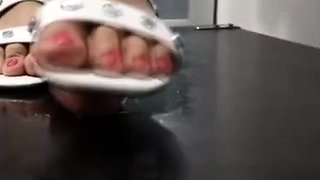 Only Asian Crush white sandals footjob on cockbox cum