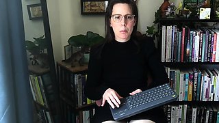 Small titted brunette Sharron with glasses masturbates