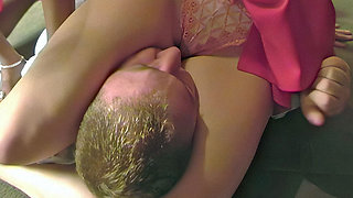 Controlling and Crushing Him While Topless in Their Short Gym Slips