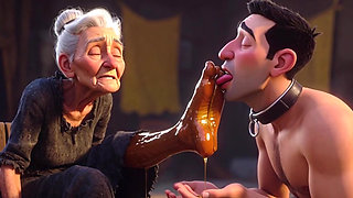 Submissive Slave Licking Wrinkled Feet of Old Ladies