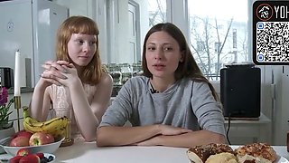 Redhead and dark haired lezzy play in kitchen with vagina