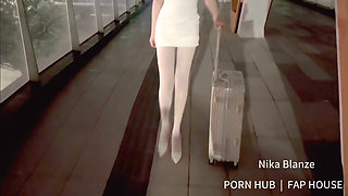 Flight Attendant in Pantyhose and High Heels, Going Commando Outdoors, Performing Oral Sex and Taking a Load Inside Her Mouth.