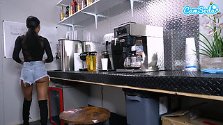 Ebony Teen Barista with Perfect Ass and Big Tits Masturbates at Work