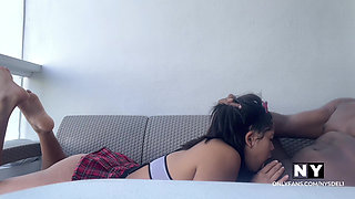 Cute schoolgirl eats BBC on the hotel balcony -amateur couple- nysdel