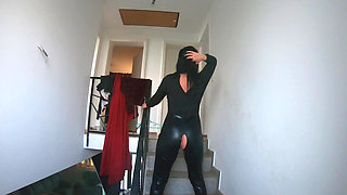Smoking Leather Dance. Ripped Jumpsuit Pussy Tease, Toilet Pee and Dirty Masturbation