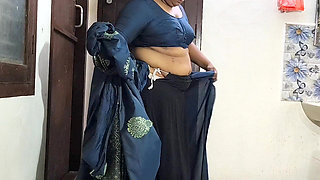 Sexy Bhabi in Blue Saree, Removing Saree to Show Here Sexy Chubby Body. Big Boss and Ass