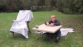 Stepgranddaddy having fun with this blonde girl out in the yard