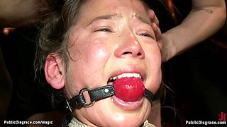 Bound sub banged with strapon in public