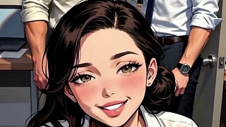 Lonely office slut frees locked-in coworker then gets her holes destroyed by three hard cocks on the conference table.