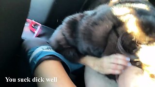 Fur-coated stepmom gives stepson a blowjob in the car