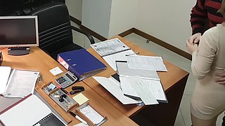 Hot office secretary sucks and rides her boss on the desk