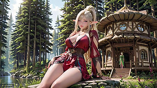 Red Robe Elf Sorceress! Sun-dappled forest terrace, kneeling gaze that melts you instantly.