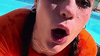 Wet Big Ass Brunette Gets Face Fucked by the Pool