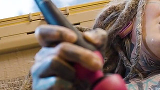 Roadtrip Tattooed Girl Fucks a Girl Anal with a Big Toys in Vintage Talbot Express