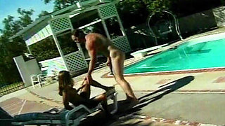 Awesome Brunette Babe Rides Dick by the Pool