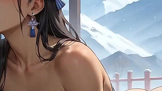 A Seductress Lies Sensually on Snow at a Japanese Shrine, Milk Spewing Out Down Her Body Against the Backdrop of Mount Fuji, Cherry Blossoms, and Torii Gates