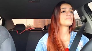 APP Driver Catches Passenger Jerking Off In Car & Fucks Her Tight Redhead Pussy