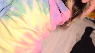 Housewife Gagging on Cock Upside Down, Sucking at the Edge of the Bed, & Hot Cum on Tongue!