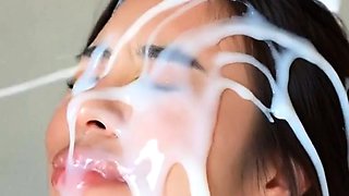 Brunette in stockings spreads pussy on bed blonde cum facial