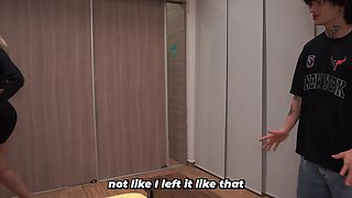 Blonde milf gets into shared bed naked and leaves him no other choice
