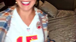 Busty curly brunette with big boobs fucks on couch