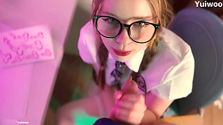 Schoolgirl with glasses drew penises instead of homework and was fucked on the table