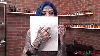 Inked Blue-Haired Skinny Beauty Gets Mouth and Pussy Fucked Before New Anal Tattoo