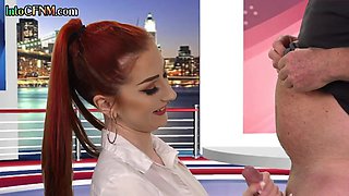 CFNM redhead British babe suck knob in live TV show