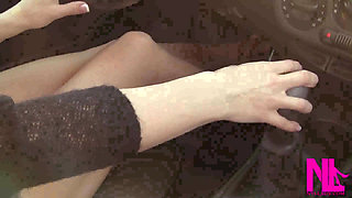 Sexy Pedal Pumping and Driving in Black Pumps on Barefoot