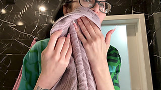 Brushing My Teeth, Silk Robe and Bra on Me, Glamour MILF with Glasses and Big Lips