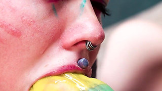 Femdom Catplay Dominatrix Playing with Tattooed Cosplayer with Butt Plug
